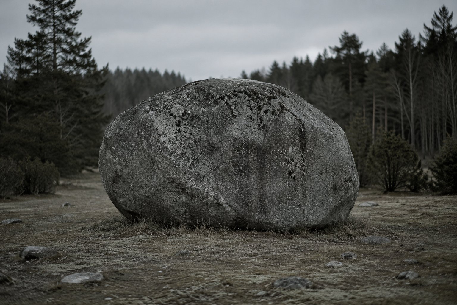 A large isolated boulder resting in a forest